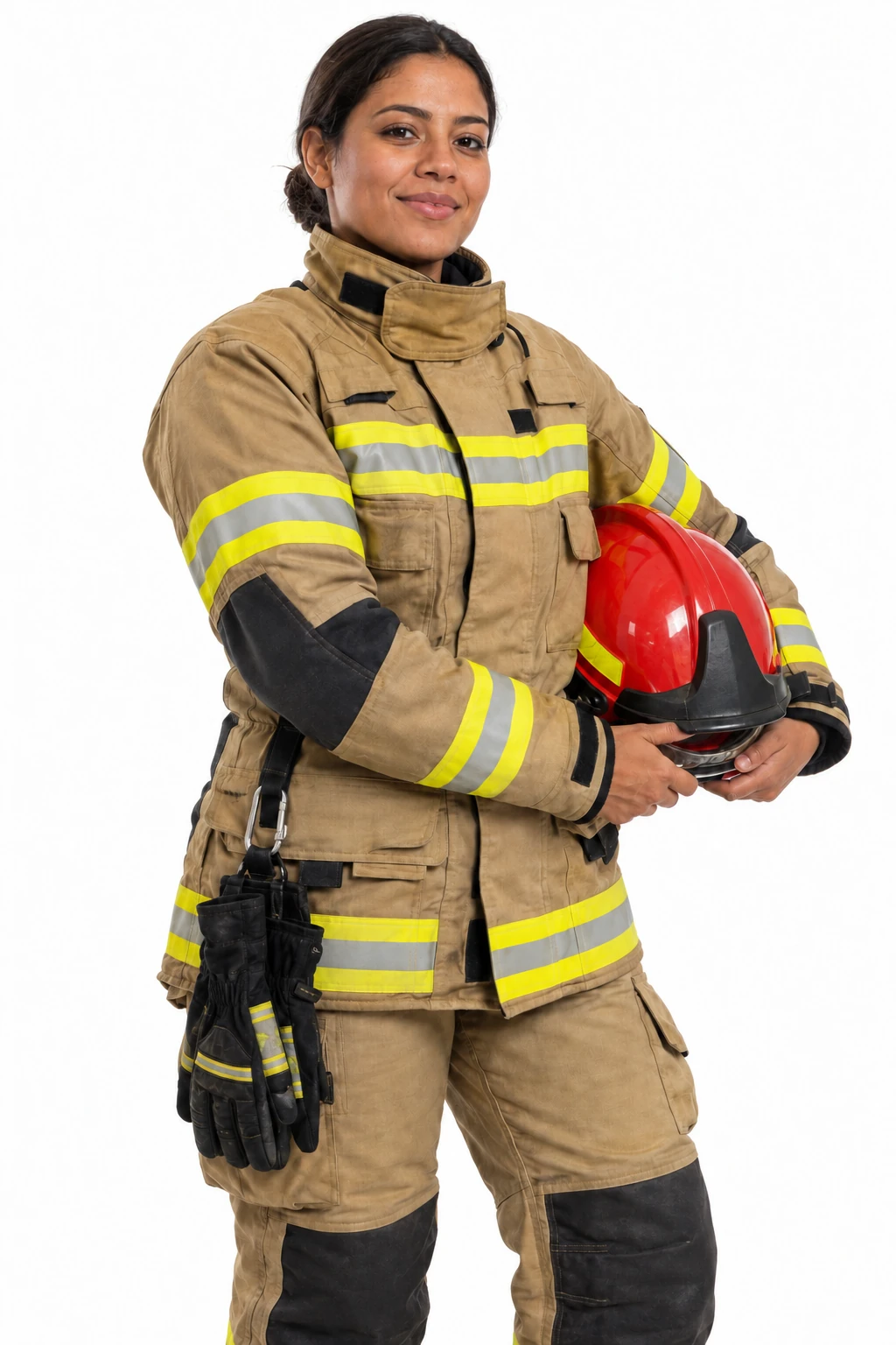 Bombeira com roupa de proteção e capacete vermelho