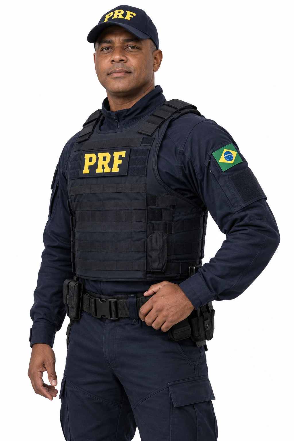 Policial rodoviário federal com identificação PRF e bandeira do Brasil
